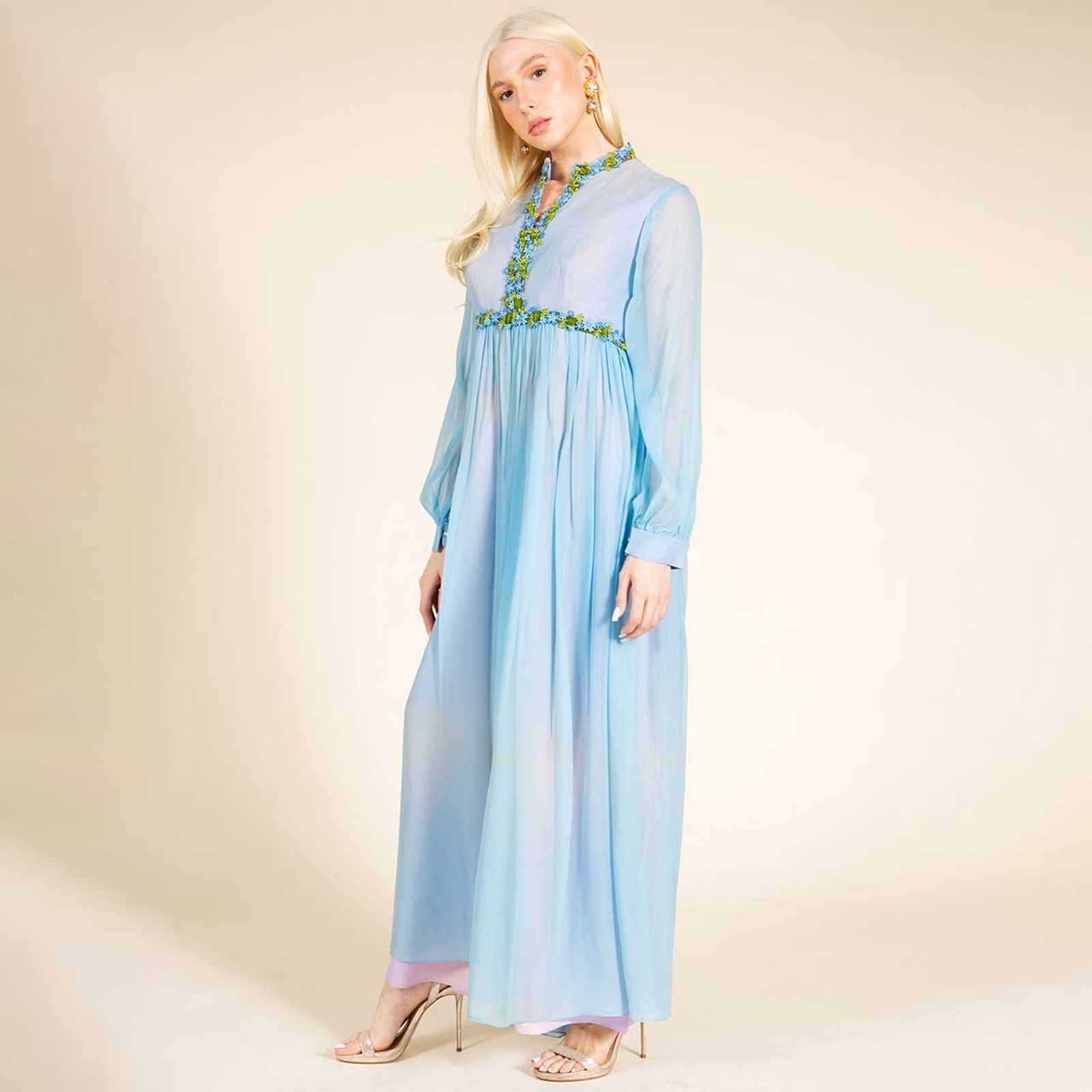 1960s Silk Chiffon Empire Waist Culotte Jumpsuit Gown Sz 2/4